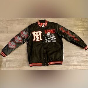 SCARFACE X REASON COLLAB PATCHED WOOL VARSITY JACKET (NWT)
Size: XL
Color: Black